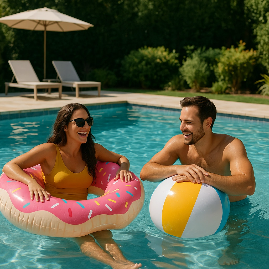 A smiling couple relaxing in a backyard swimming pool on a sunny day, enjoying the water with a beach ball and float, built by Professional Pools, a local pool contractor in Asheboro NC.